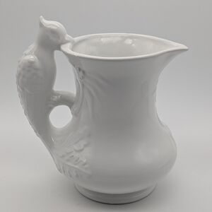 Elegant White Ceramic Vase/Pitcher with Bird Handle, Made In Italy